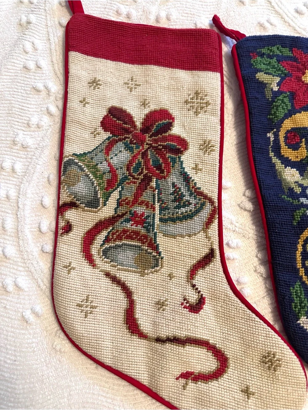 Pair of Christmas Needlepoint Embroidered Holiday Stockings in Red, Navy & Cream